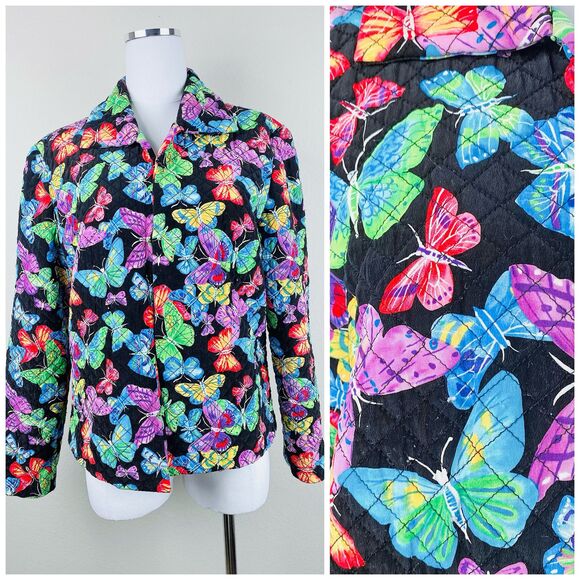1990s Vintage Silk Jacket / 90s Rainbow Butterfly Quilted Coat / Size XL / 16 - Picture 2 of 7